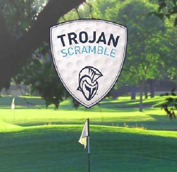 Golf flag with Trojan Scramble logo